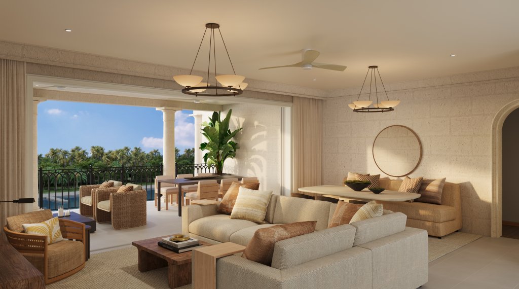 Pendry Residences Barbados living room patio marina view